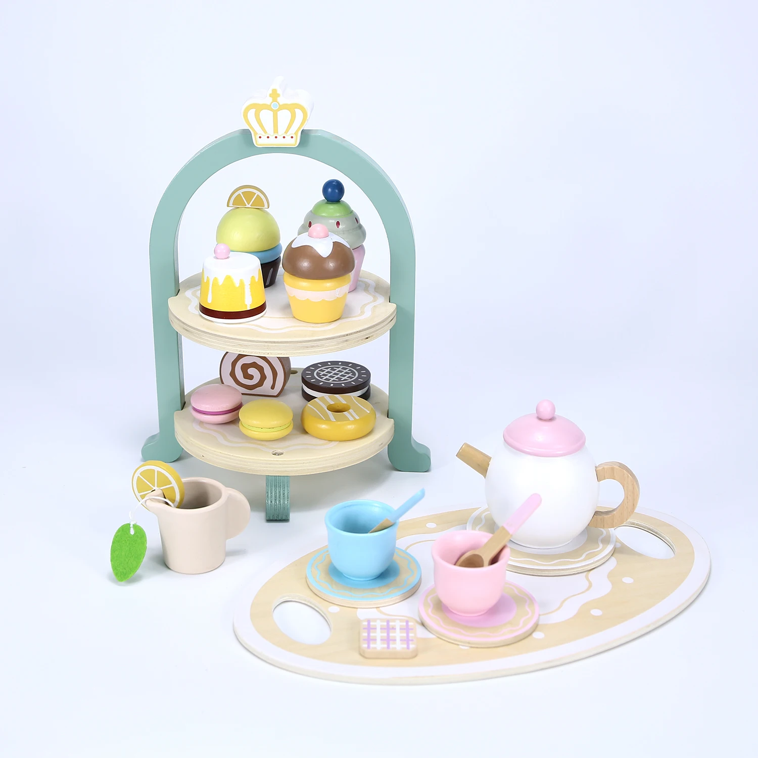 어린이 나무 장난감 오후 차 장난감 세트 케이크 아이스크림 티 타임 Playset 유아 척 놀이 주방 액세서리