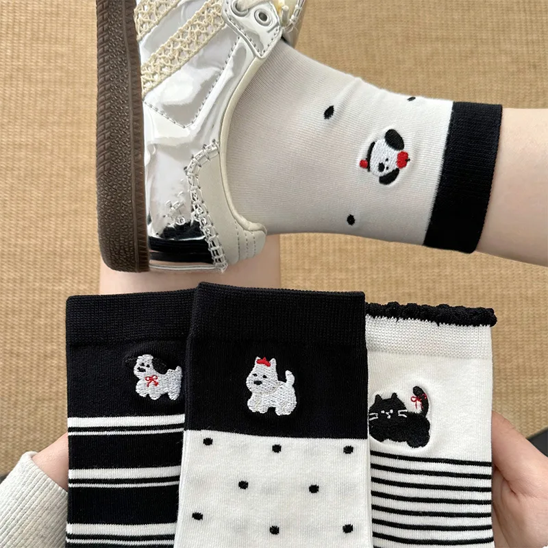 

Женские носки с мультяшной вышивкой и животными, хлопковые, приятные для кожи, мягкие, удобные, эластичные, носки до середины икры, модные простые Sl