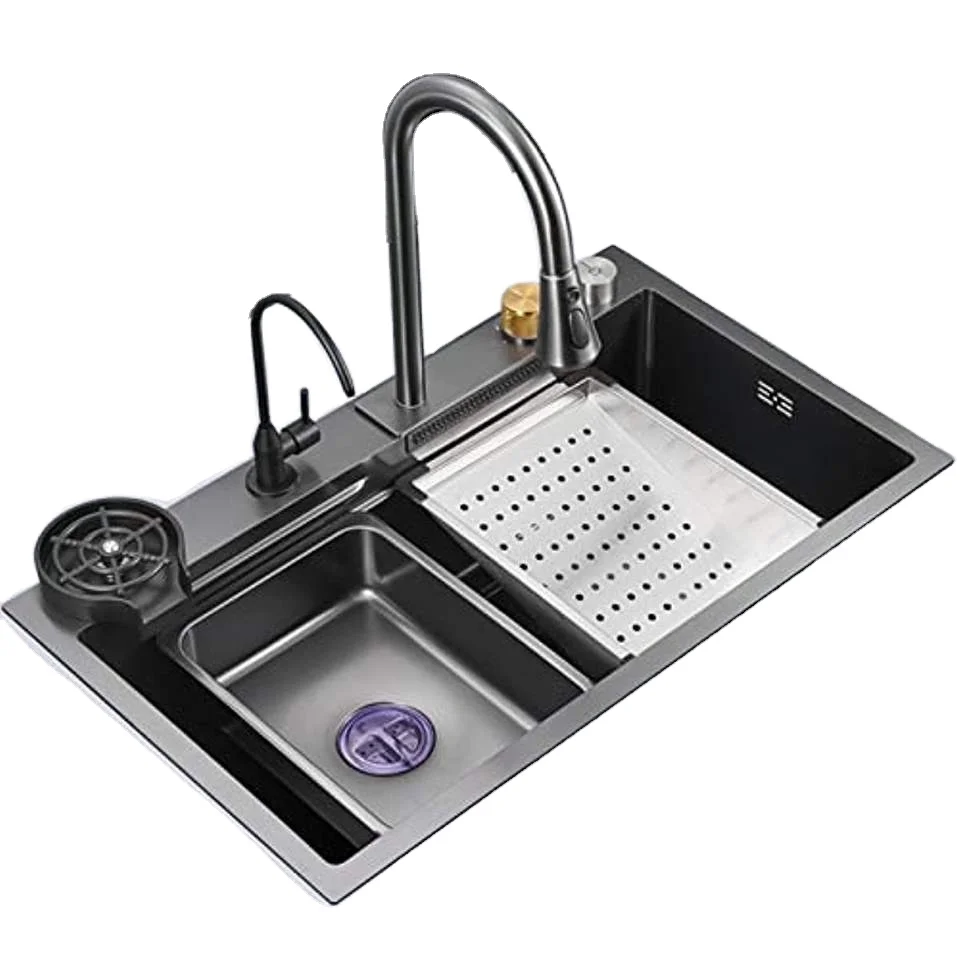 

Многофункциональная умная раковина из нержавеющей стали с водопадом 304, стеклянная ополаскиватель, кухонные мойки