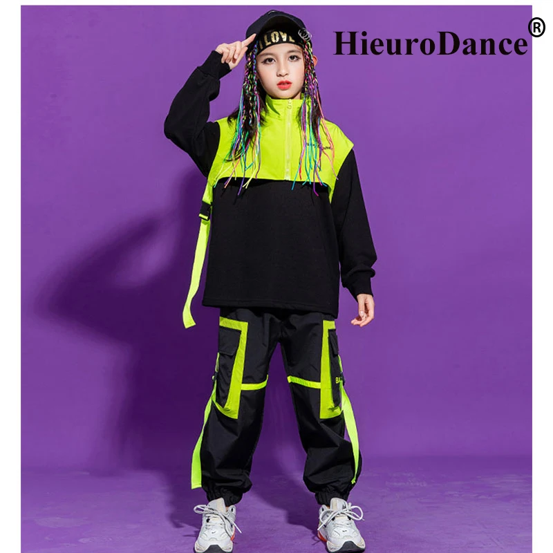 Costumi jazz per ragazze Abbigliamento hip-hop Abbigliamento da strada verde Pantaloni cargo Pantaloni hip-hop per bambini Abiti da ballo moderni