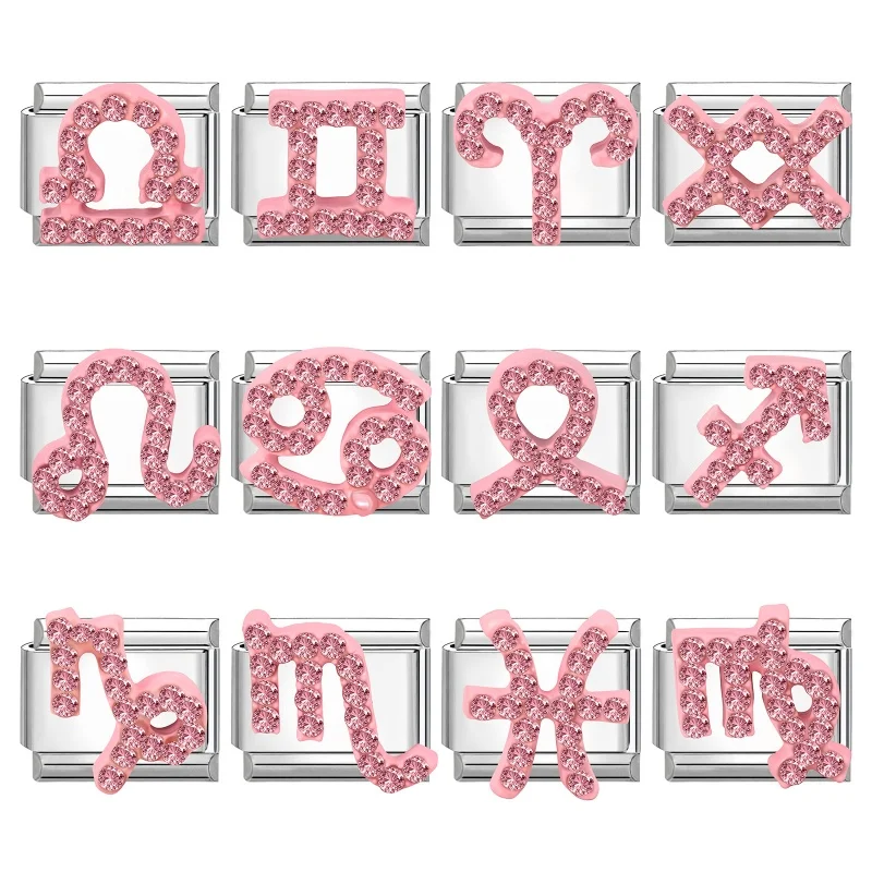 Fashion Zircon Creative 12 Zodiac Constellation Charm Italian Links Fit 9mm Stainless Steel Bracelet DIY Making Gift Wholesale