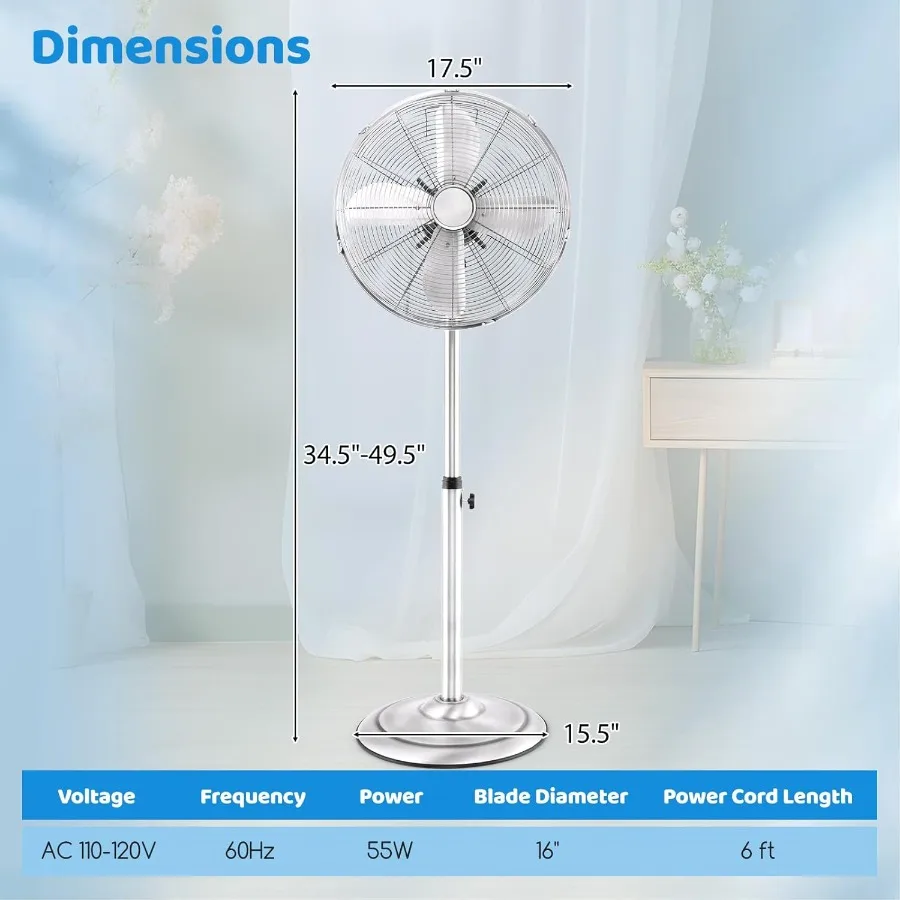 Ventilador de Pedestal de Metal de 16 pulgadas, ventilador Industrial de pie de Metal con altura ajustable, 3 velocidades, 75 oscilación, ventilador de suelo con inclinación de 20 cabezales