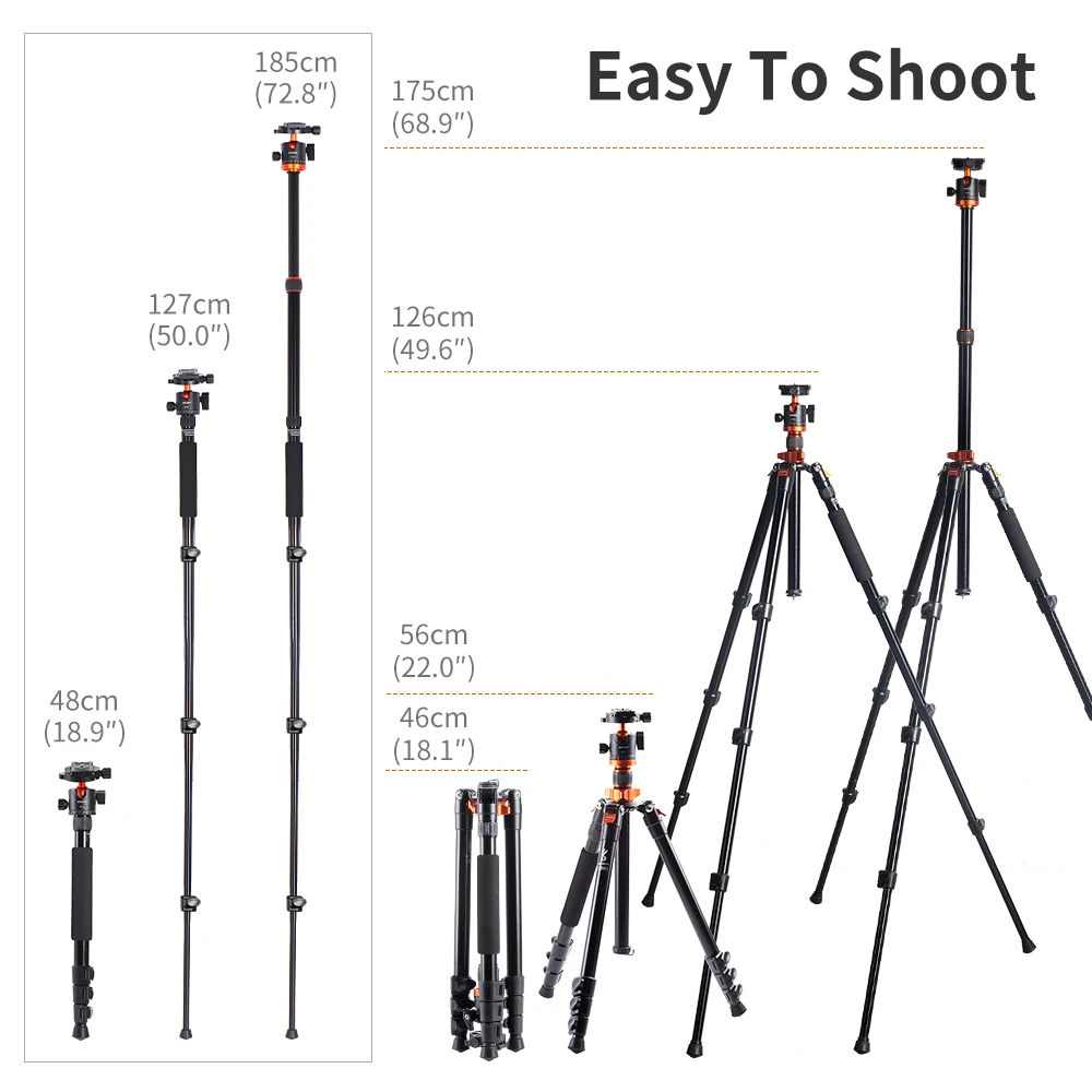 K&F Concept Camera Tripods Aluminum Travel Vlog DSLR Tripod Monopod with 360 Degree Panorama Ball Head Loading Up to 10kg