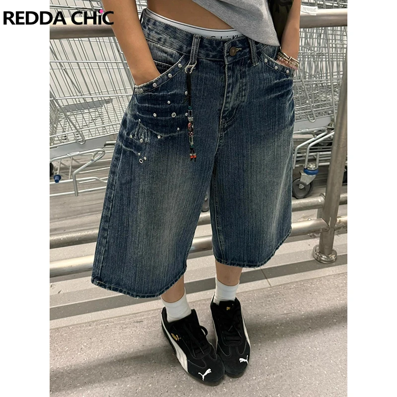 

ReddaChic Punk Rivets Debun Bermuda Pants Vintage Wash Low Rise Casual Wide Leg Frayed Straight Jean Shorts Y2k Women Streetwear
