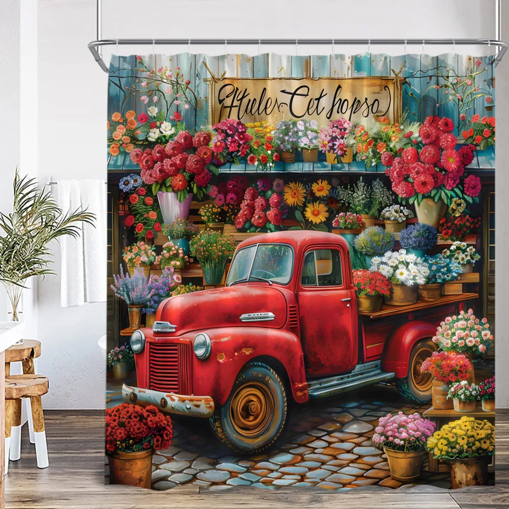 

Цветочный магазин, Весенняя занавеска для душа, красный грузовик, синий пикап, винтажный цветочный декор для ванной, домашний декор, занавеска для ванны из полиэстера с крючком