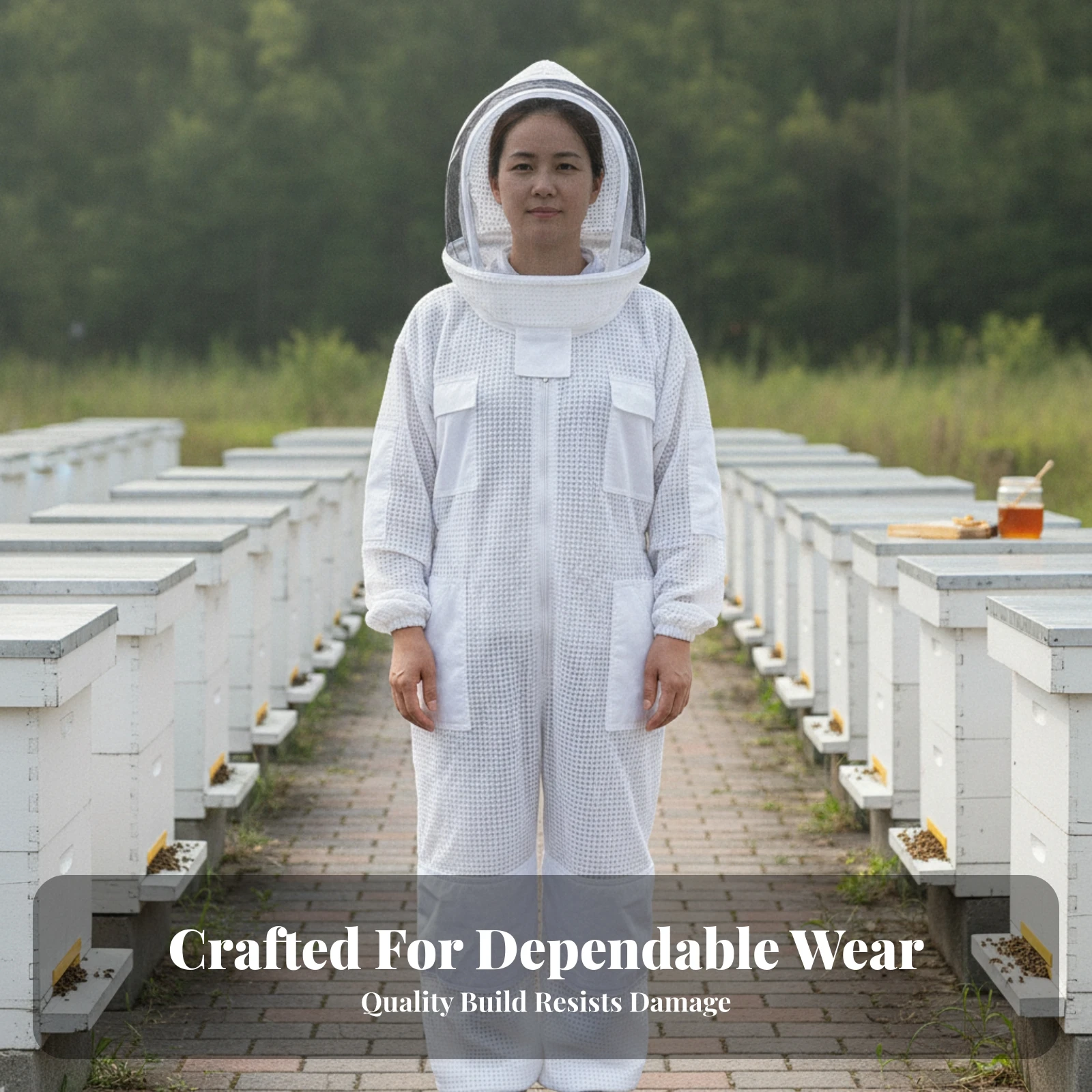 Woven Textile Bee Defensive Suit Pockets Beekeeper Coverall Beekeeper Suit with Veil Hooded Coverall Front Zipper for Beekeepers