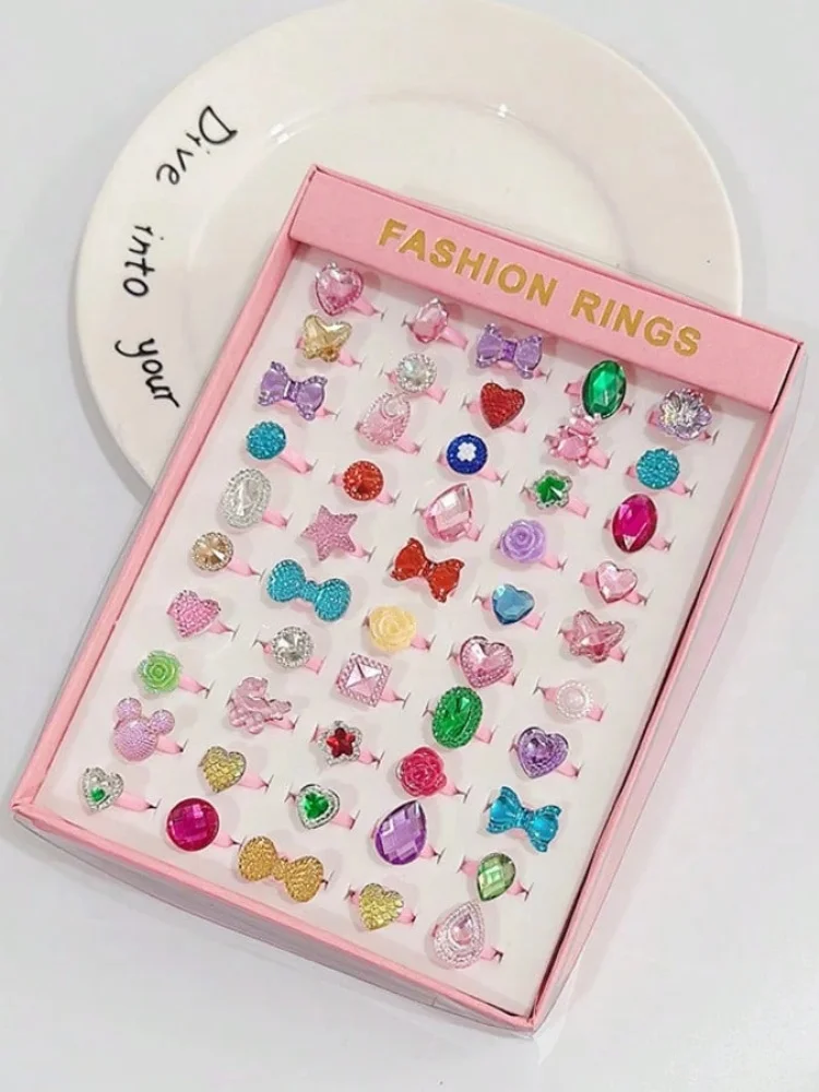 20/50pcs Princess Rings Colorful Resin Crystal Rings Adjustable Cartoon Resin Rings Party Favors Party Birthday Wedding Gifts