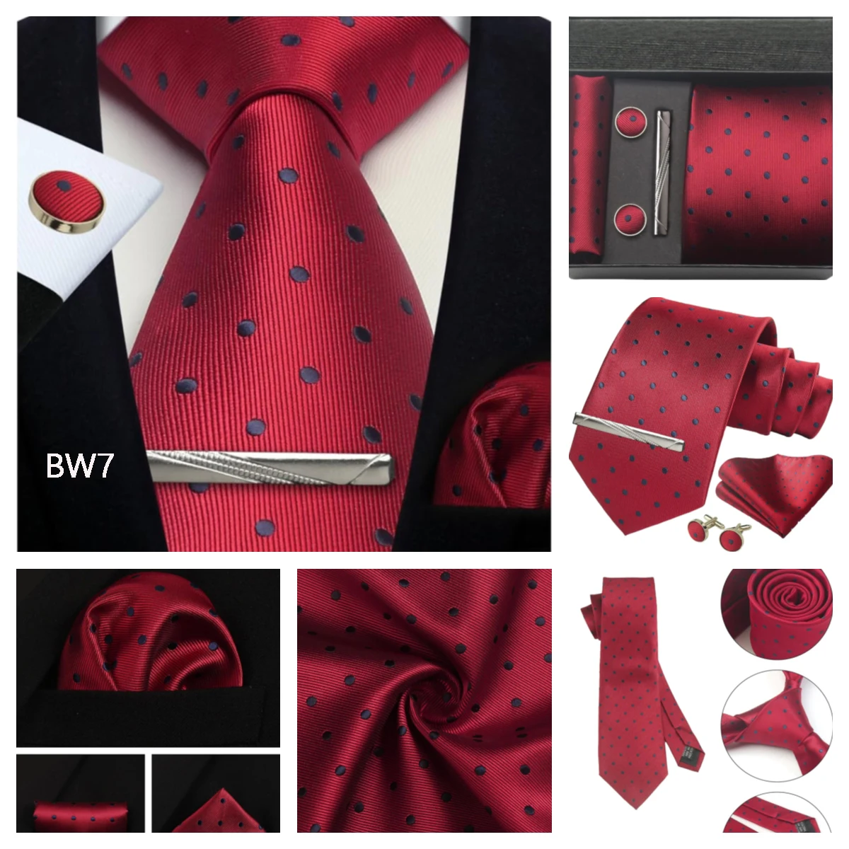Klassische Herrenkrawatten aus 100 % Seide in Geschenkbox, 8 cm, kariert, gepunktet, gestreift, Business-Krawatte, Einstecktuch, Manschettenknöpfe, Hochzeitskrawatten-Set – Detail 36
