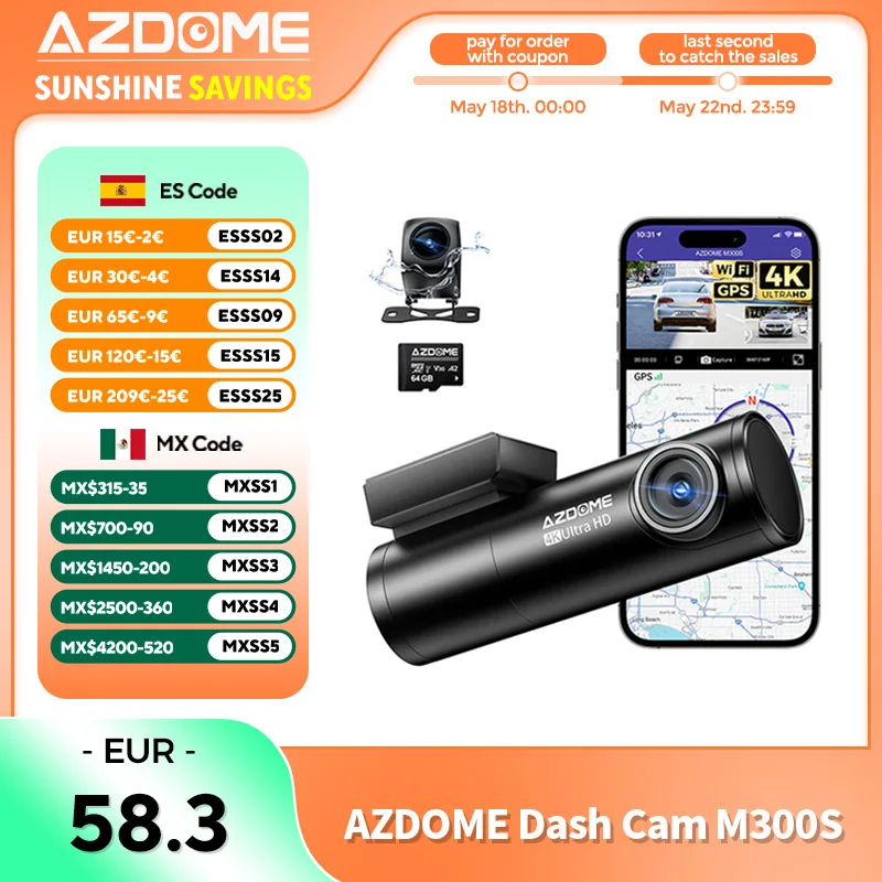 Cámara para Auto AZDOME M300S 4K Delantera y Trasera con WiFi Integrado, GPS, Control por Voz, Visión Nocturna, Monitor de Estacionamiento y Grabación en Bucle