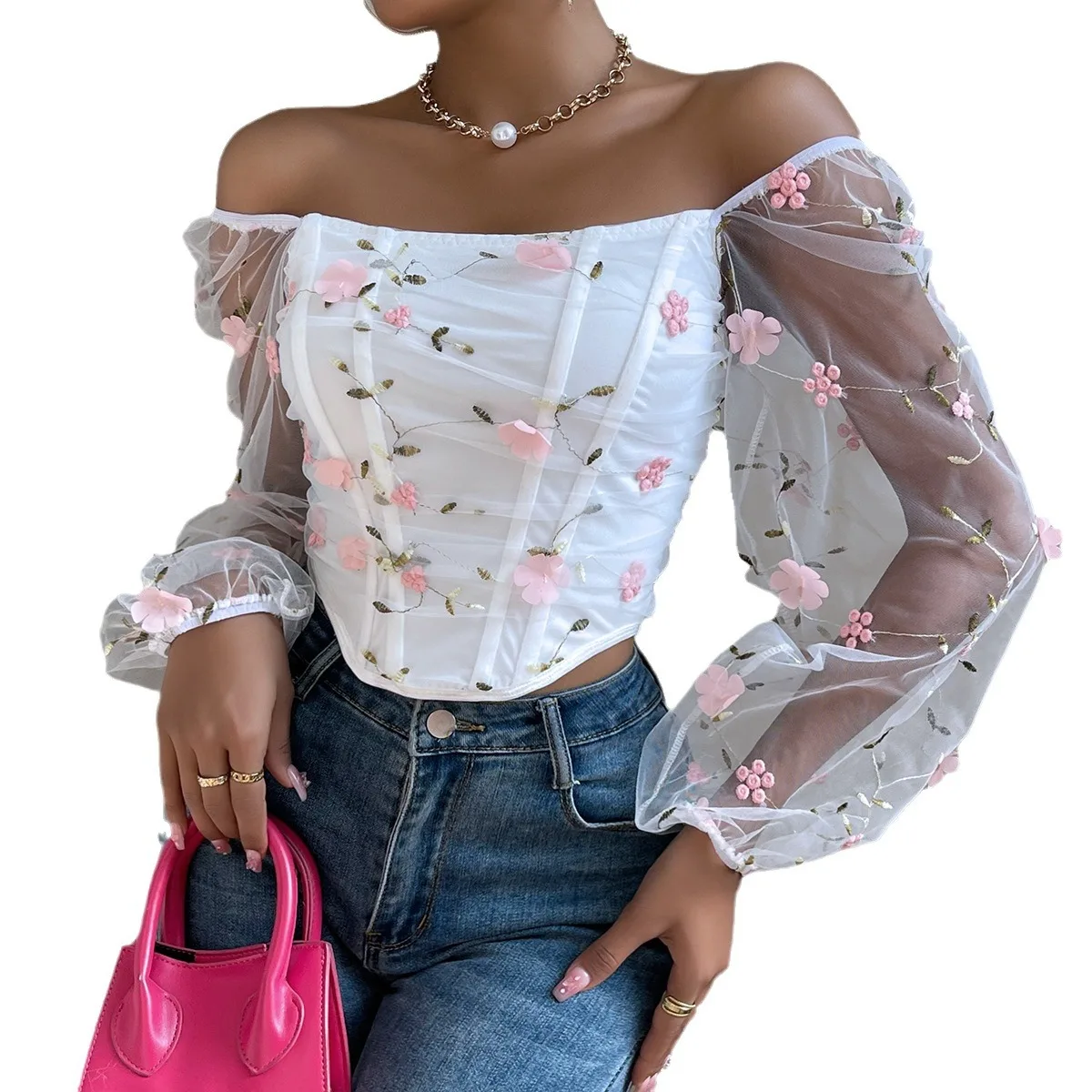 Летнее элегантное прозрачное сетчатое бюстье, женский корсет с цветочной вышивкой, топ, двойная блузка с длинными рукавами, сексуальное женское белье, вдохновленное