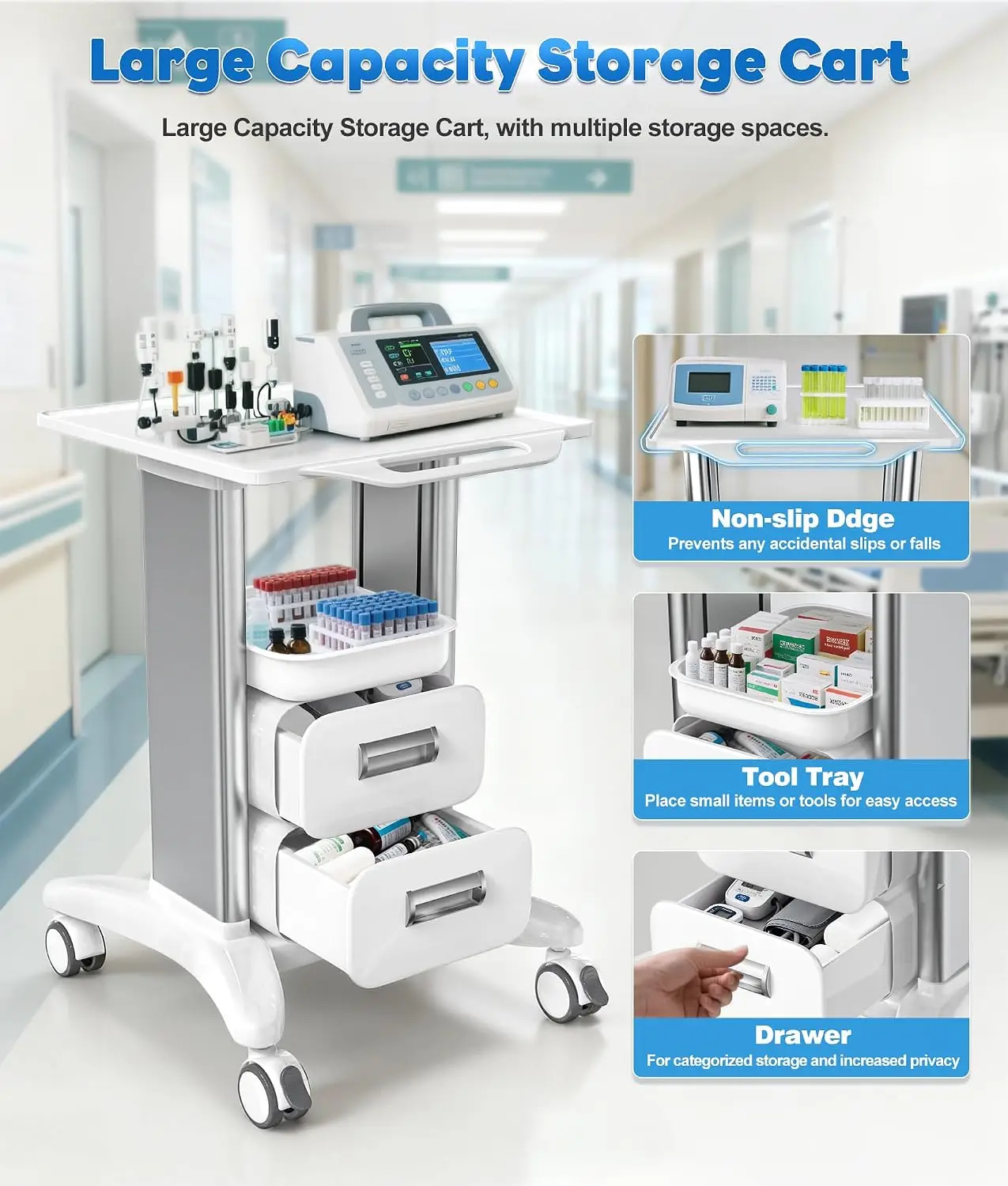 Medical Trolley Cart with Drawers & Trays, 220 LBS Load Hospital Mobile Ultrasound Cart with 4 Silent Swivel, Customized - view 5