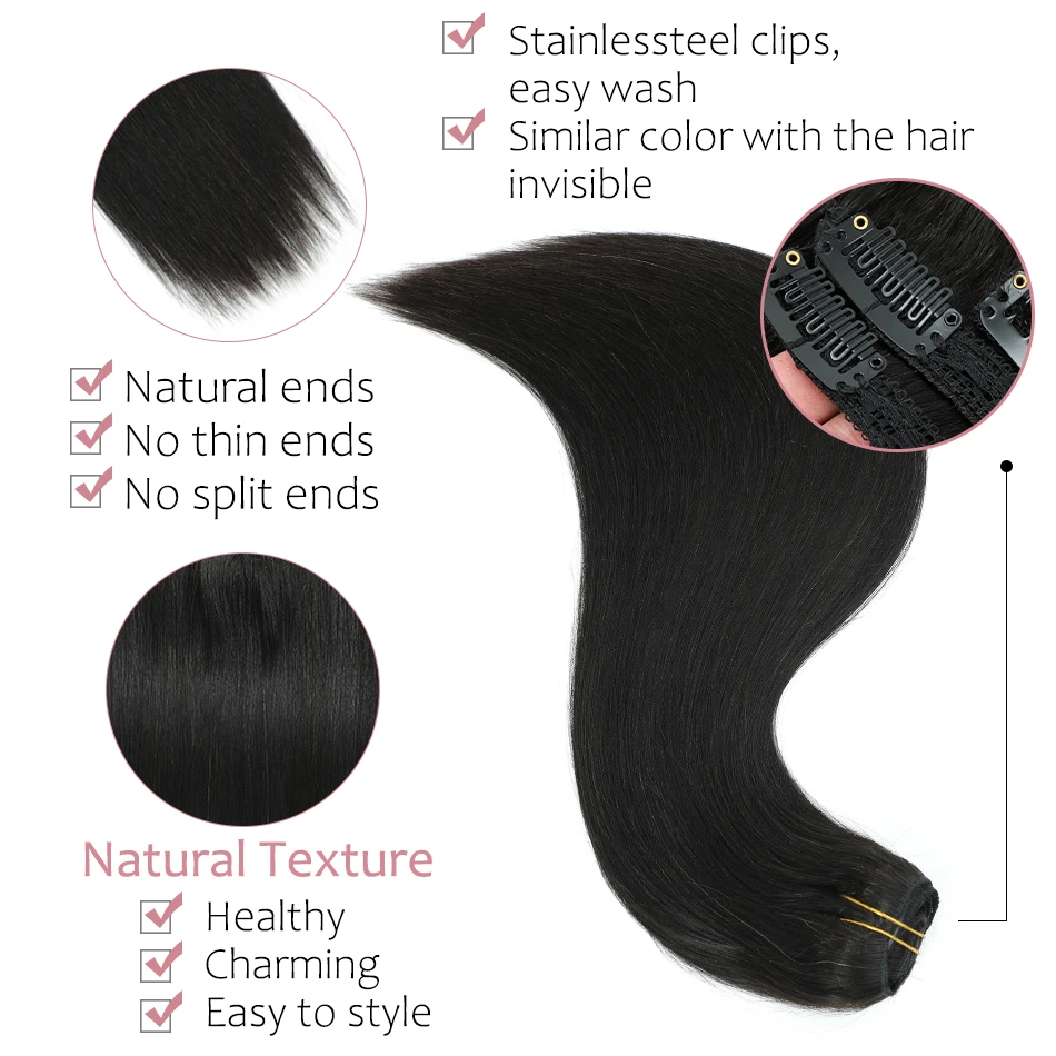 Extensions de Cheveux Naturels Brésiliens Lisses à réinitialisation pour Femme, Double Trame, 14 à 28 Pouces, 10 Pièces