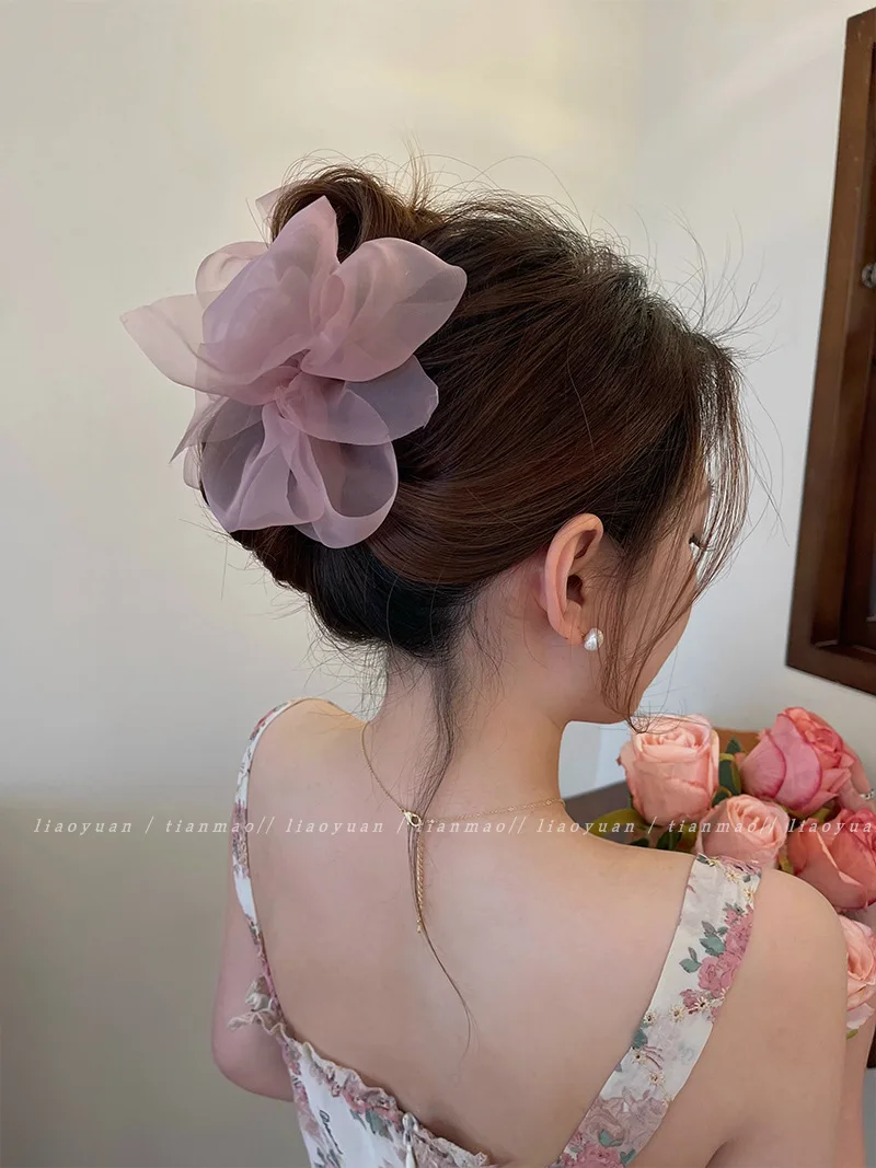 Korea Sweet Big Bow Tulle Hair Claw Clips for Women White Black Bowknot Shark Clip Hair Clamp Hairpin Headdress Accessories