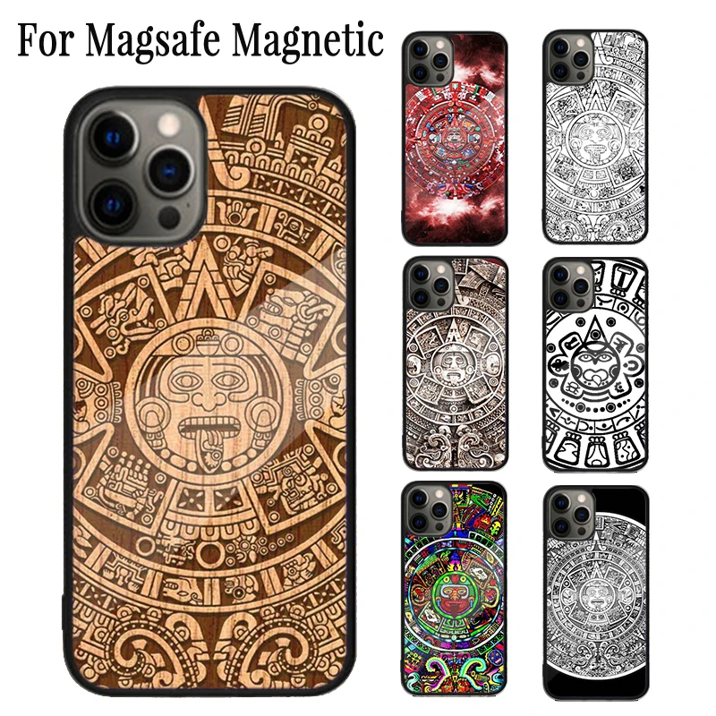 Mayan Calendar Wood Pattern Magnetic Phone Case For iPhone 16 15 14 Plus 13 12 Mini 11 Pro Max Magsafe Wireless Charging Cover