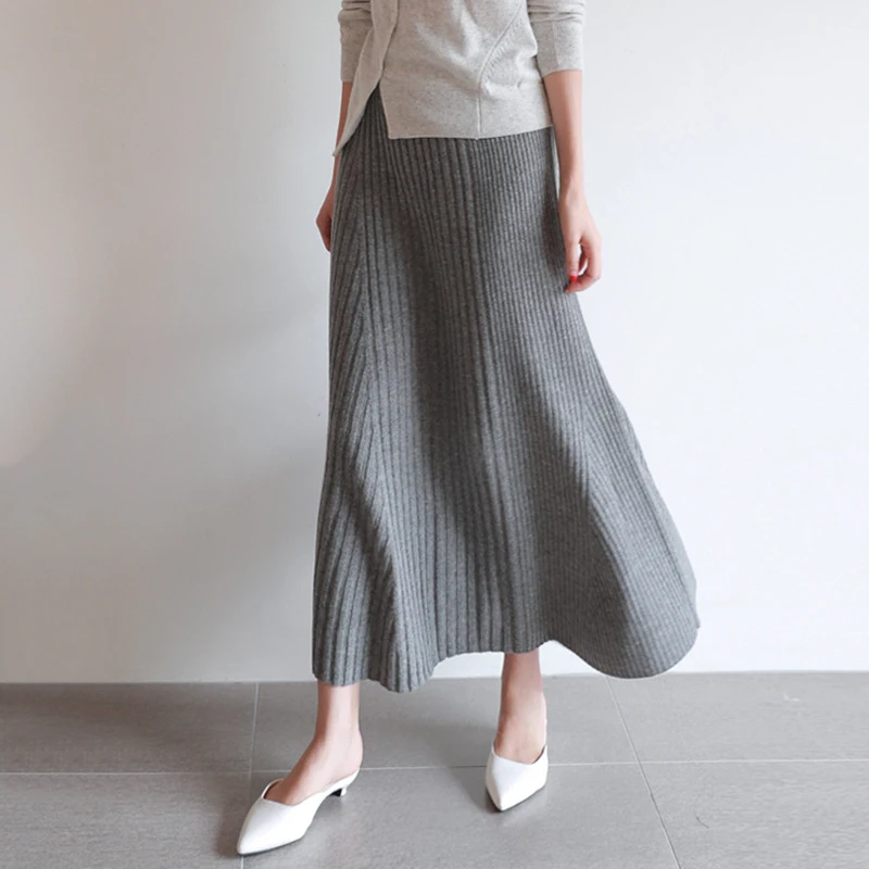 Textured Knitted Midi Skirt Women Swing High Waist Winter Skirts Grey Black S,M