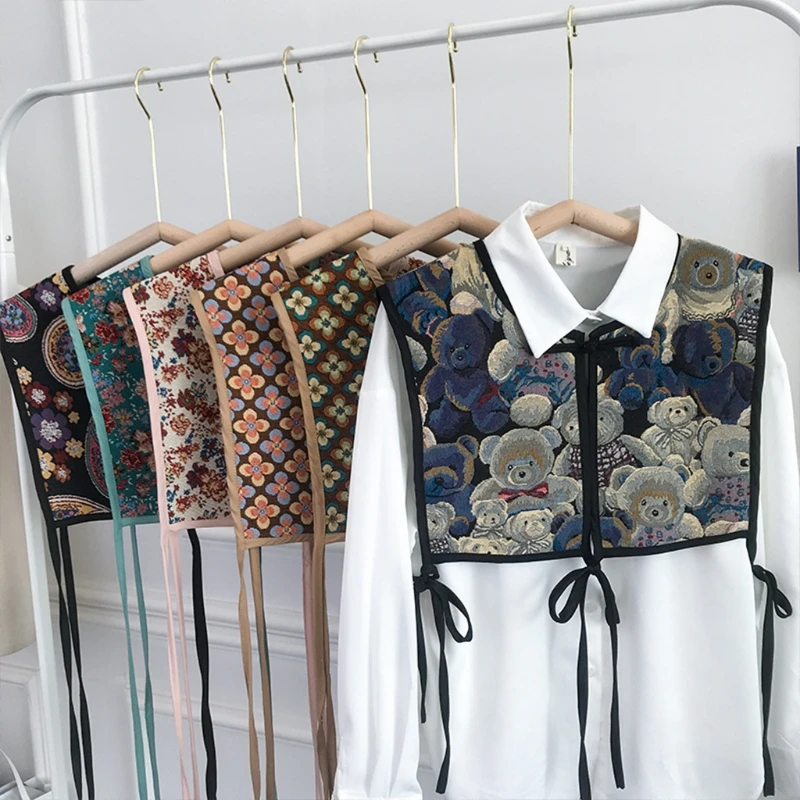 Women Chinese Embroidery Half Top Shawl Vintage Flroal Cheongsam Fake Collar Decorative Neck Cover Dickey Capelet N58F