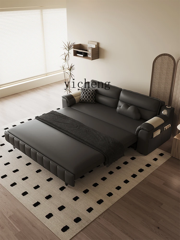 ZK Cat Scratch Leather Advanced Black Folding Sofa Bed Dual-Use Storage Household Minimalist Modern Sofa