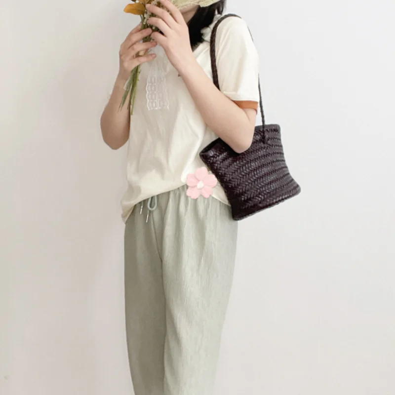 Cowhide hand-woven shoulder bag retro leather woven bucket bag Single shoulder vegetable basket bag female