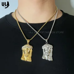 ULJ Hip Hop Rapper Stainless Steel Cross Necklace Cleopatra Religious Jesus Head Pendant For Man Woman Iced Out Jewelry