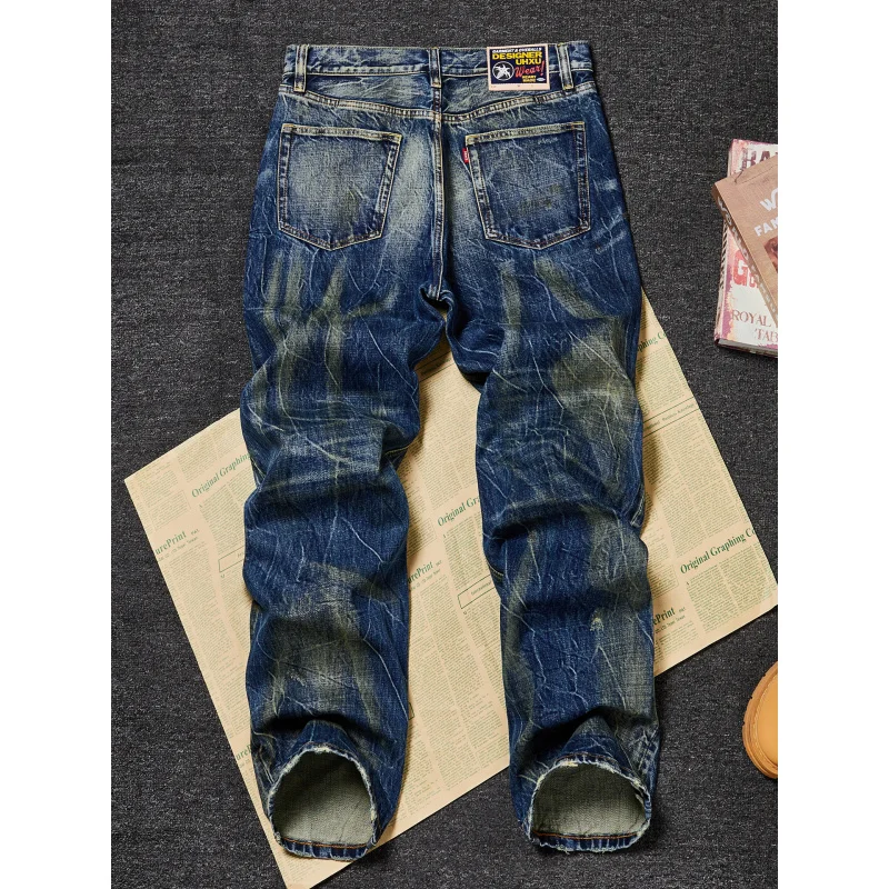 American Vintage Heavyweight Jeans Men Distressed Lightning Design Loose Straight Fit Non-Stretch Fashion Denim Trousers