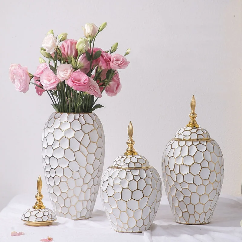 

Ceramic General Jar Ginger Vase Geometric Golden Grid Patterns Storage Home Decoration Accessories