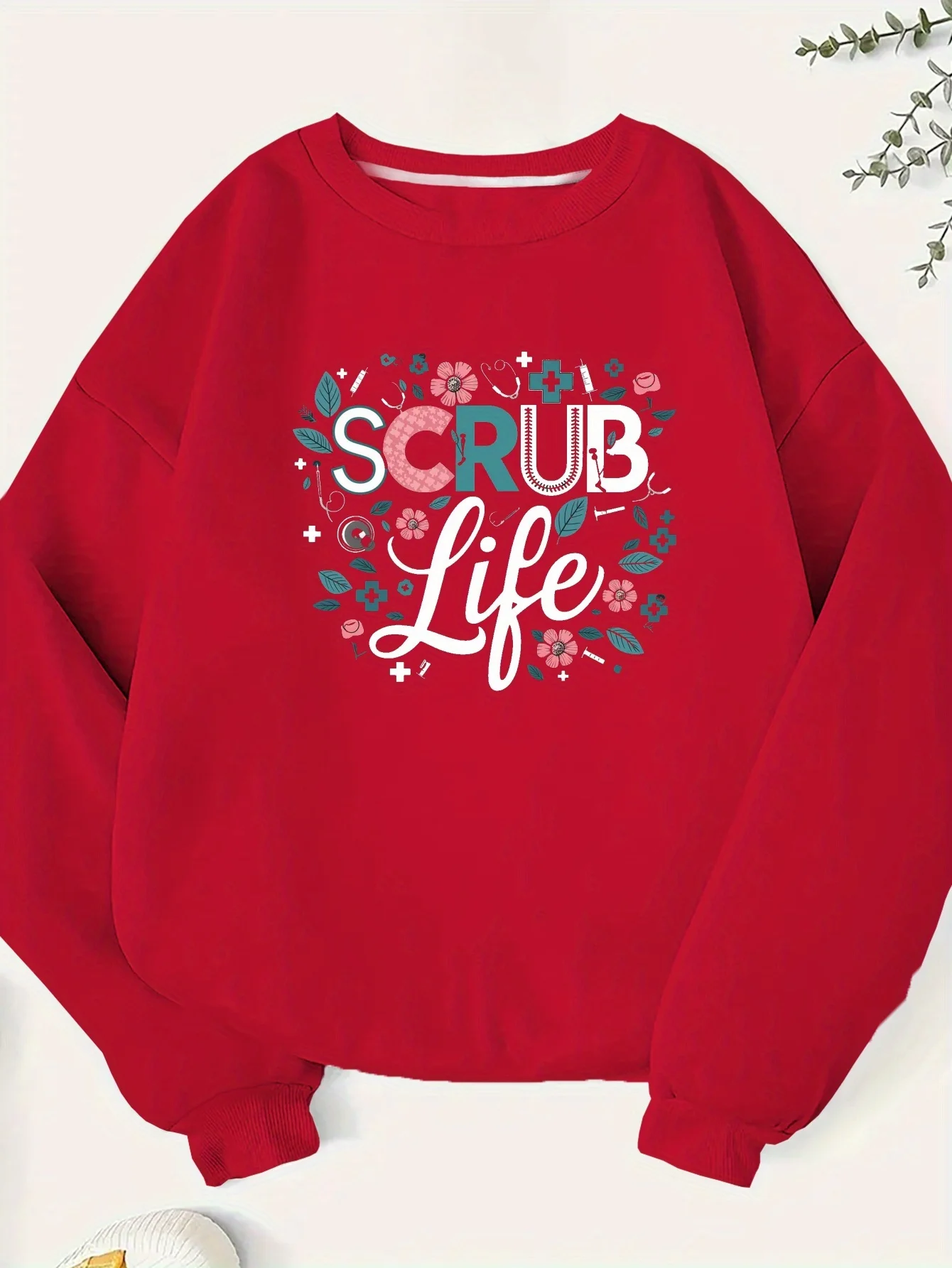 1Pc Scrub Life Print Casual Women Sweatshirt, Polyester Mesh Fabric, Geometric Pattern Design