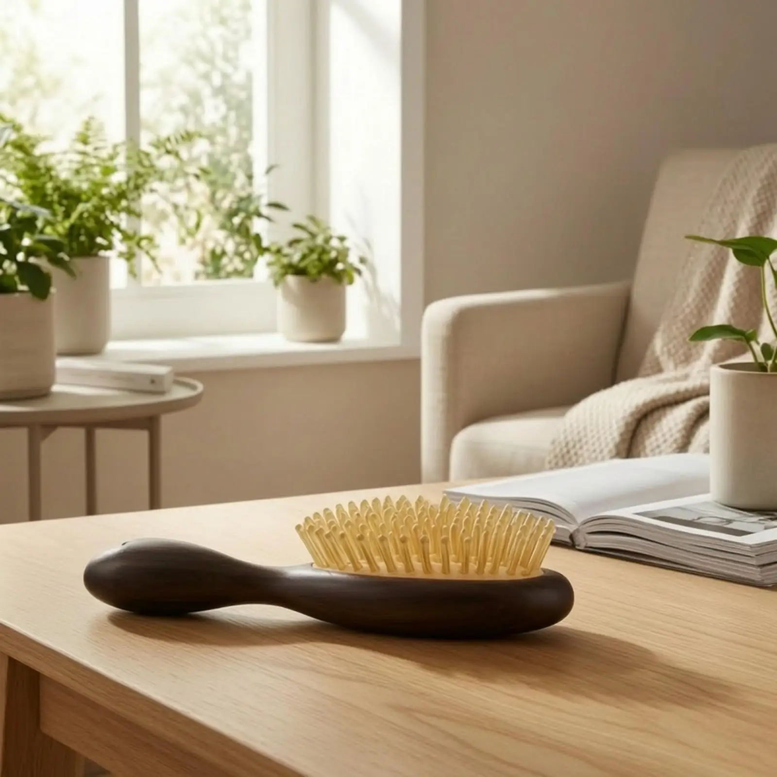 Rounded Handle Massage Comb for Hair Care with Translucent Pins Natural Wood Brush for on the Go Styling