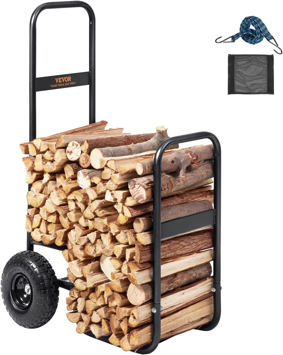 Indoor and Outdoor Firewood Moving: Heavy Duty Steel Dolly with Pneumatic Rubber Wheels, 250 lbs Load Capacity, Black