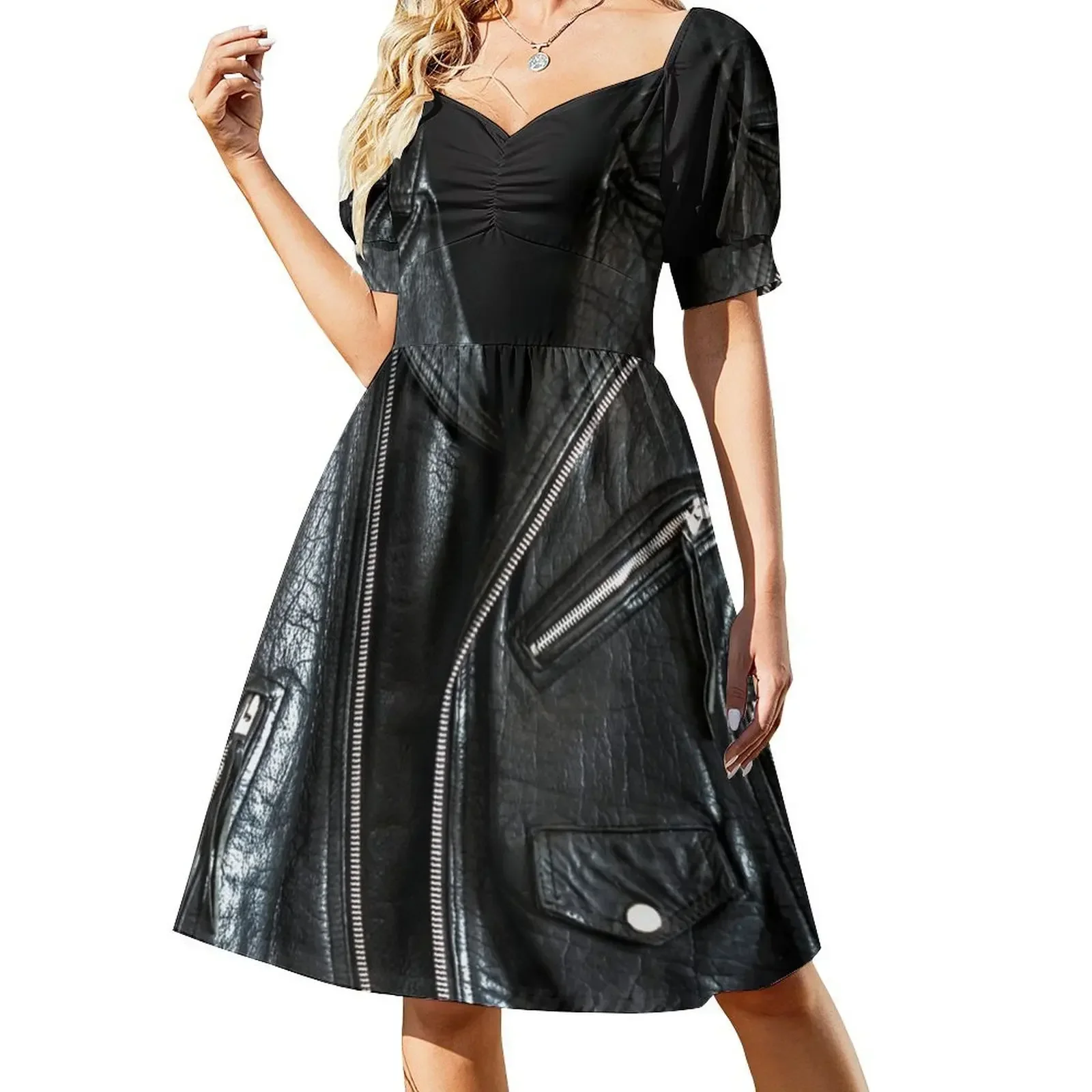 

Black Leather Jacket Short-Sleeved Dress summer dresses for women 2025 Long dress Dress