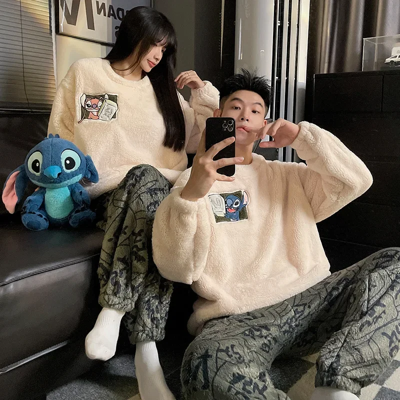 Disney Stitch winter new coral fleece couple pajamas women's thickened fleece warm flannel cute cartoon comfortable loungewear