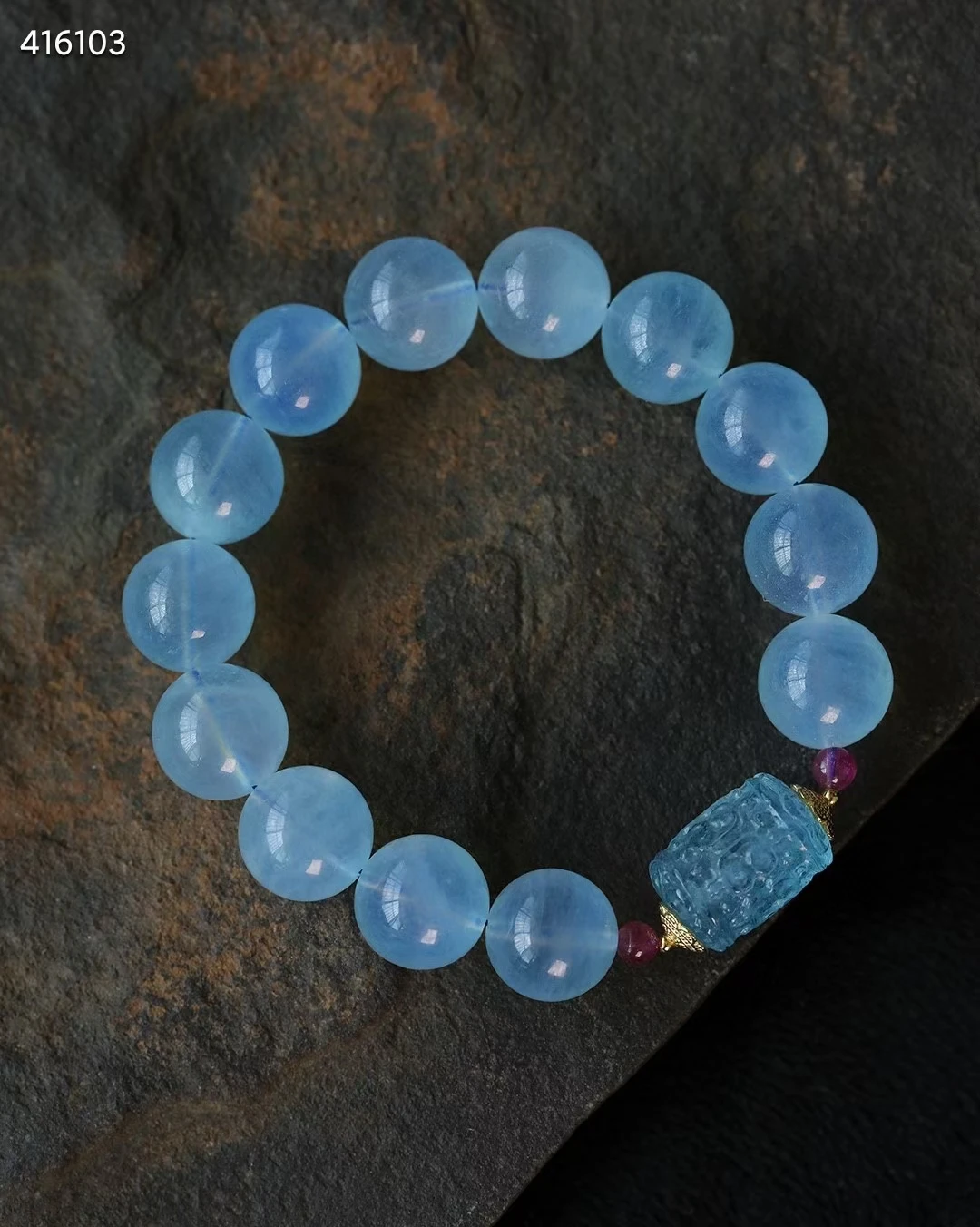 

Natural Blue Aquamarine Quartz Bracelet 13mm Clear Round Beads Barrel Carved Pendant Gemstone Wealthy Women Men AAAAAAA