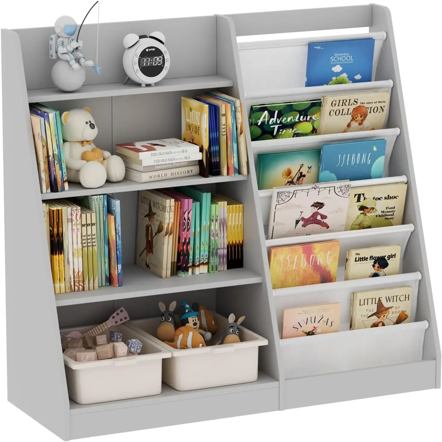 Kids Bookshelf for Bedroom Toddler Children Baby Bookcase 4-Tier for Nursery Book Toy Storage Organizer 5 Sling Book Display