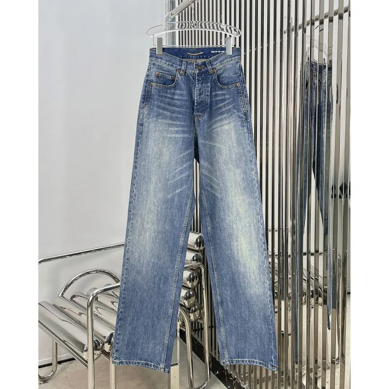 High-waist Fashion Straight-leg Pants High-end Classic Washed Whiskering Jeans for Women