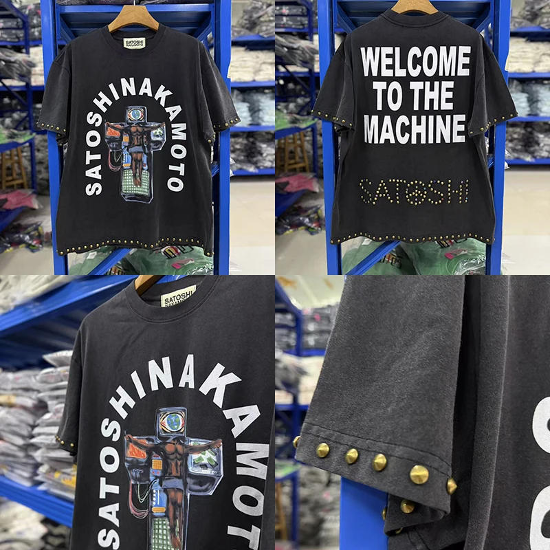 2026 Summer High Street Satoshi Nakamoto Top T Shirt Welcome To The Machine Studded Logo Washed Rivet Short Sleeve Men Women