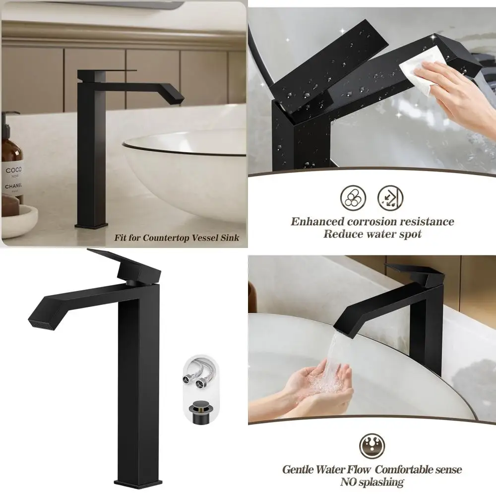 

Matte Black Square Tall Bathroom Sink Faucet with Pop-Up Drain, No Overflow, FH05-MB-V
