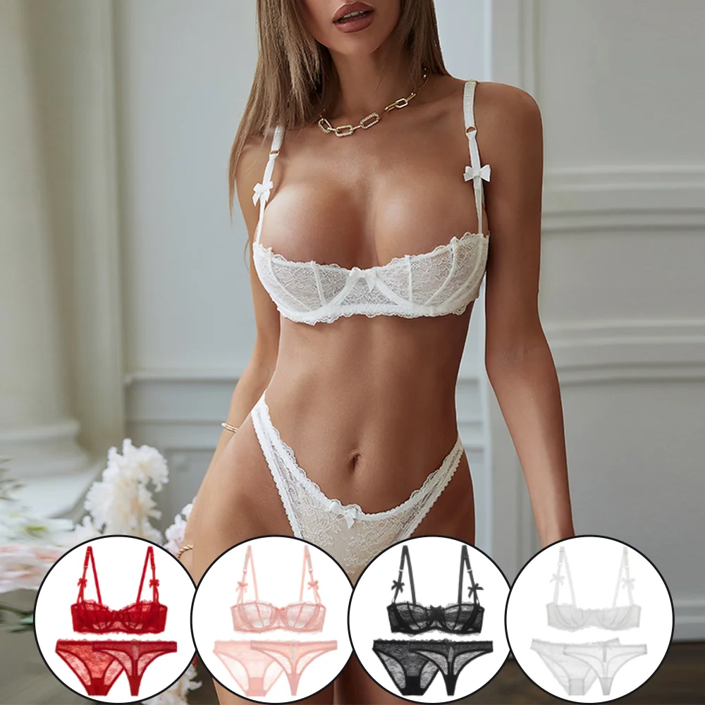 Women sexy lingerie transparent underwire Women lace ultra-thin big cup size comfortable underwear bra set 3PCS