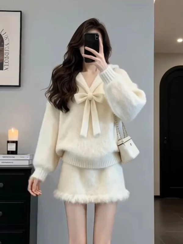 

Korean Style Gentle Sweater Set Women Spring Sweet Style Knot Slimming Knitted Top Short Skirt Two Piece Set