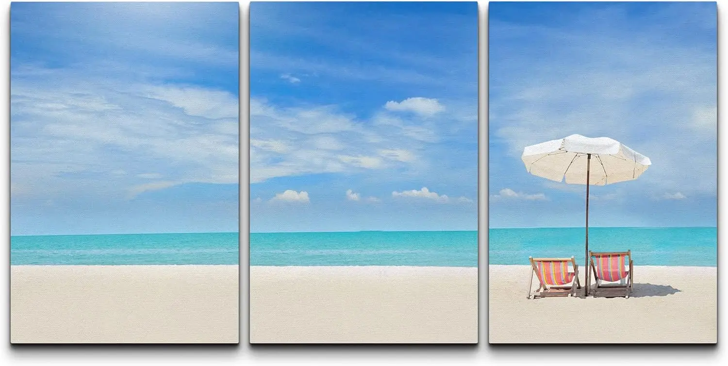 

- 3 Piece Canvas Wall Art - Beach Chairs On The White Sand Beach With Cloudy Blue Sky - Modern Home Art Stretched And Framed