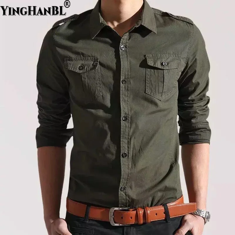 

6XL Oversized High Quality Men's Military Style Double Pocket Shirt Male Cotton Solid Color Stand Collar Button Shirts Outwear