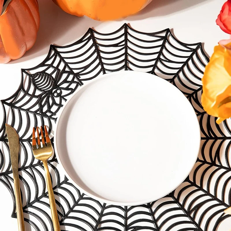 12Pcs 15Inch Halloween Spider Web Placemats 3.94Inch Cup Mat Halloween Placemats Spider Web Table Mats