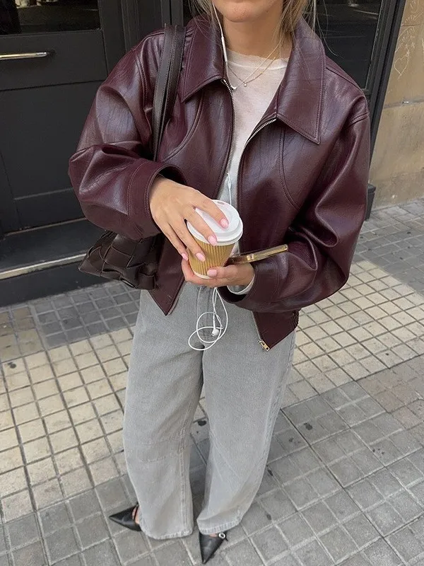 Ele Long Sve PU Couro Emenda Jaet Casaco Feminino Vintage Sle Loose Fit Fce Forrado para Mulheres de Meia-Idade