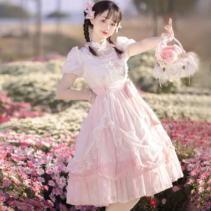 [Flowers and Poetry] Tulip Op Short Sleeve Flower Wedding Little Fresh and Cute Lolita Dress Soft Pink Lolita Clothing