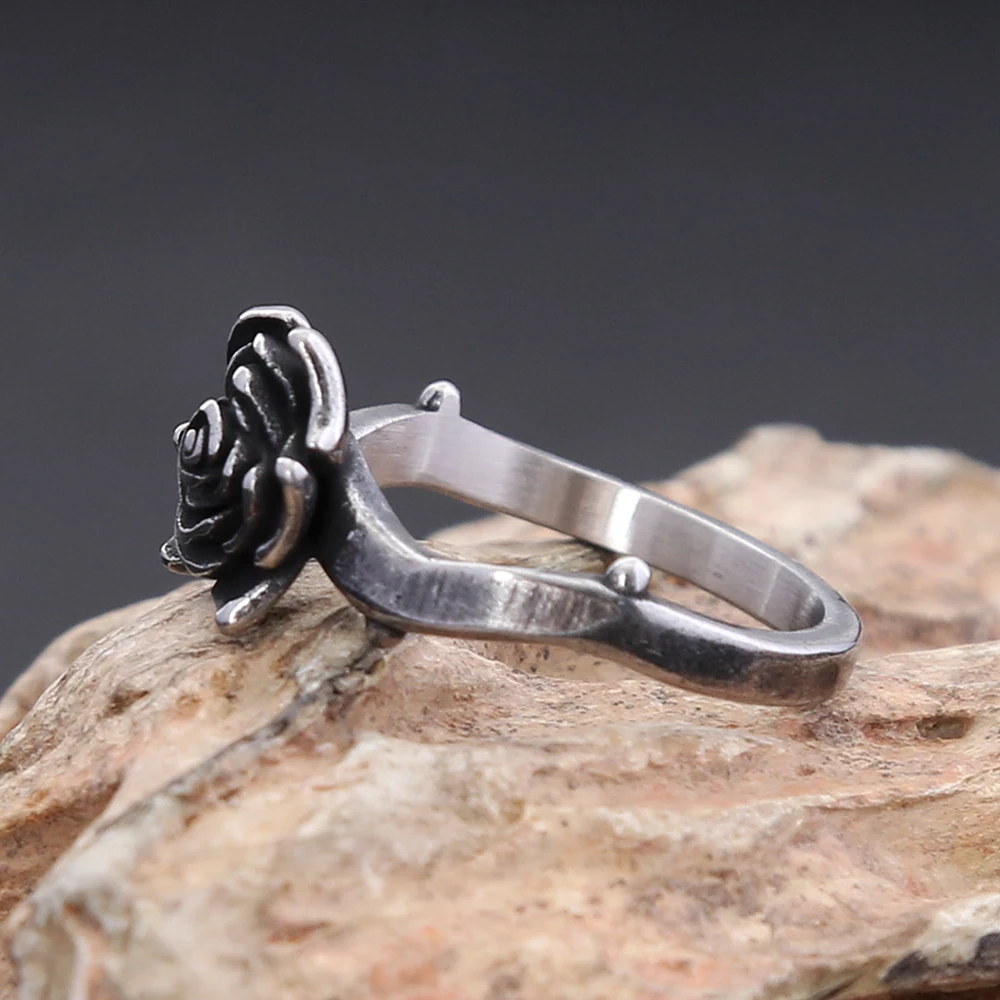 Simple Vintage 316L Stainless Steel Rose Flower Rings For Women Fashion Trend Black Rose Ring Party Wedding Jewelry Dropshipping