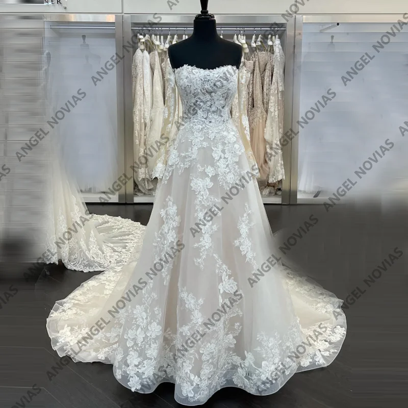Angel Novias Long Sleeves A Line Lace Wedding Dresses Bridal Gown with Appliques Customizable Party Dress