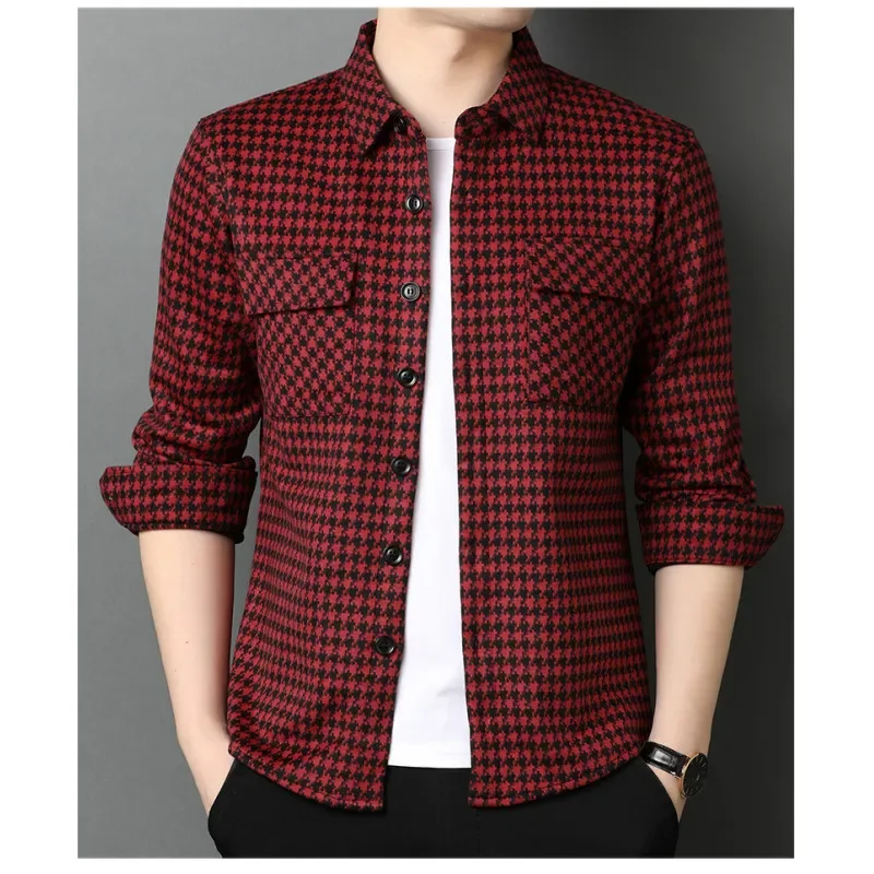 

Autumn Casual Houndstooth Shirt Coat Men Long-Sleeved Chest Two Pocket Fashion Printed-Turn-down Collar Button Shirt Top