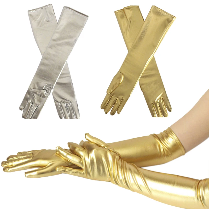 1 Pair Gold Silver Wet Look Fake Leather Metallic Gloves Evening Party Performance Mittens Women Sexy Elbow Length Long Latex