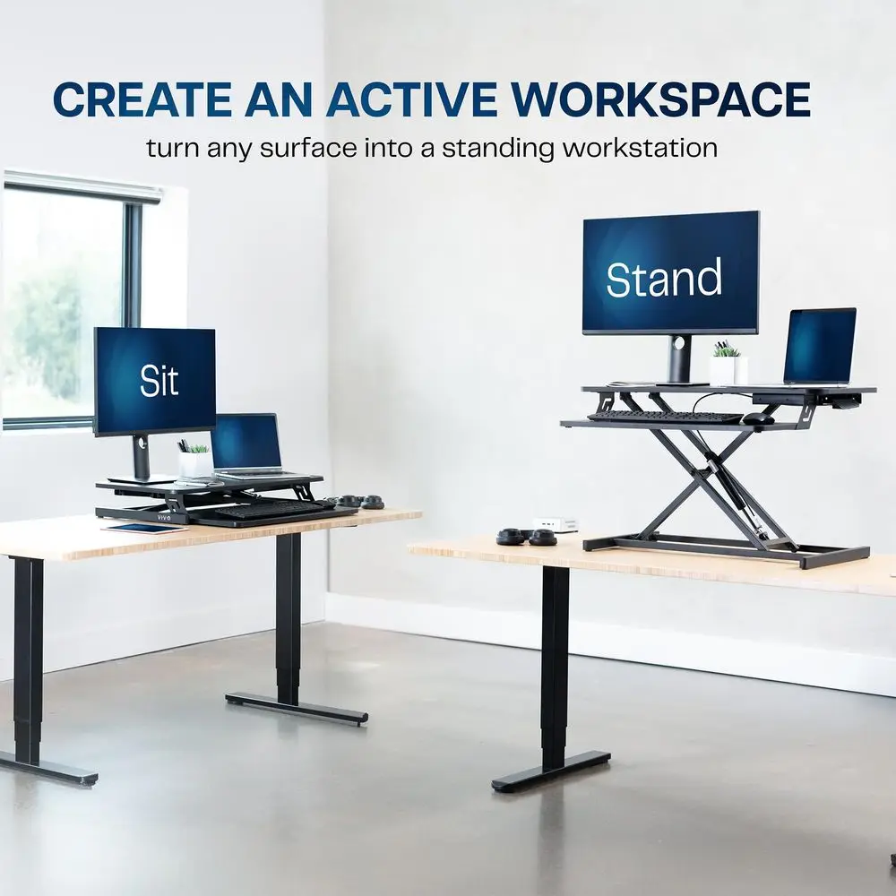 Height Adjustable 32 inch Stand Up Desk Converter, Quick Sit to Stand Tabletop Dual Monitor Riser Workstation, Black, DESKV000S