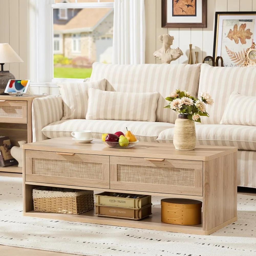 

48 Farmhouse Boho Rattan Coffee Table with 2 Woven Drawers,Rectangular Coffee Tables with Hidden Storage Compartment