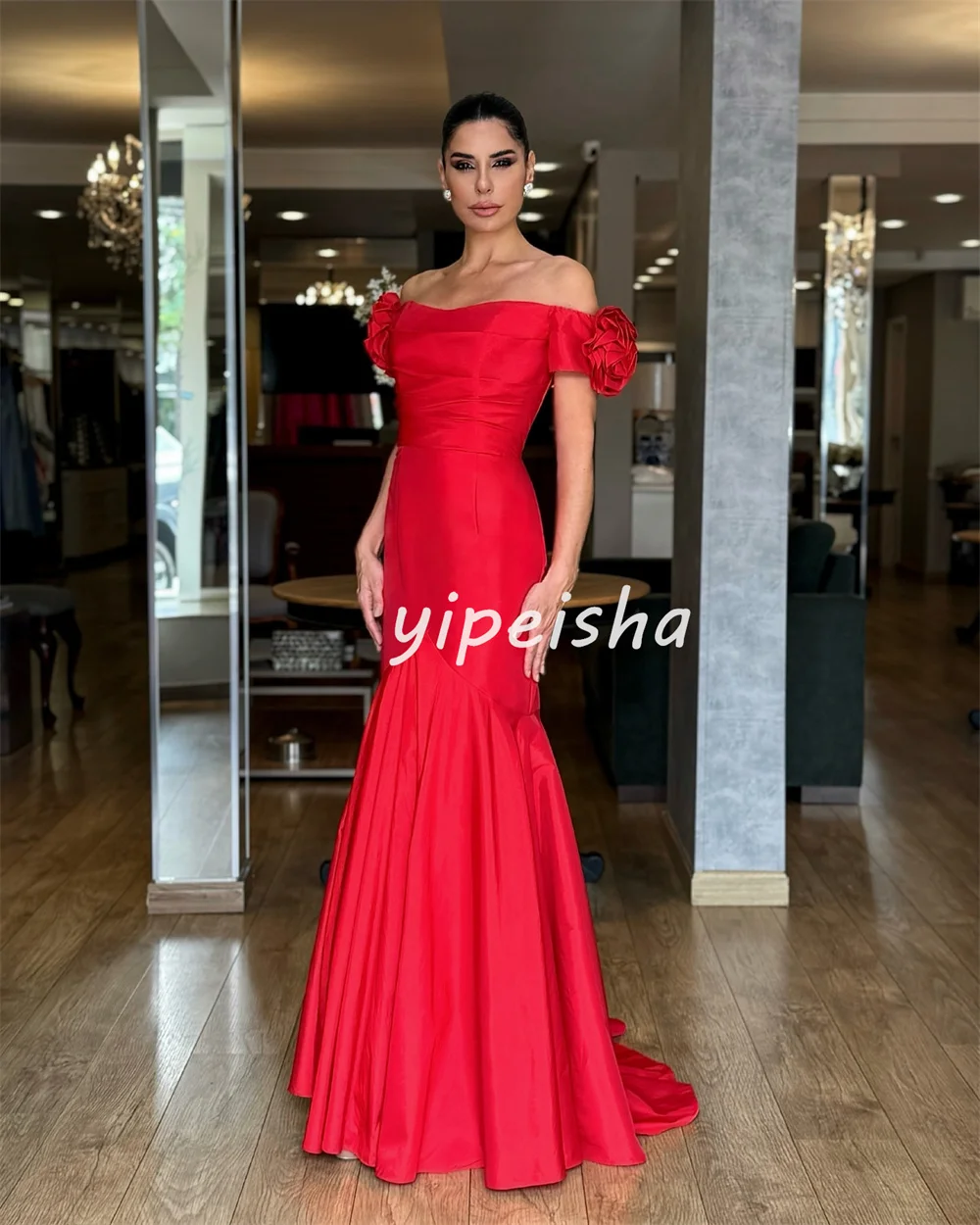 Customized Fashion Formal Pleat Ruched Draped Handmade Flower A-line Off-the-shoulder Long Dresses Bespoke Occasion Dresses