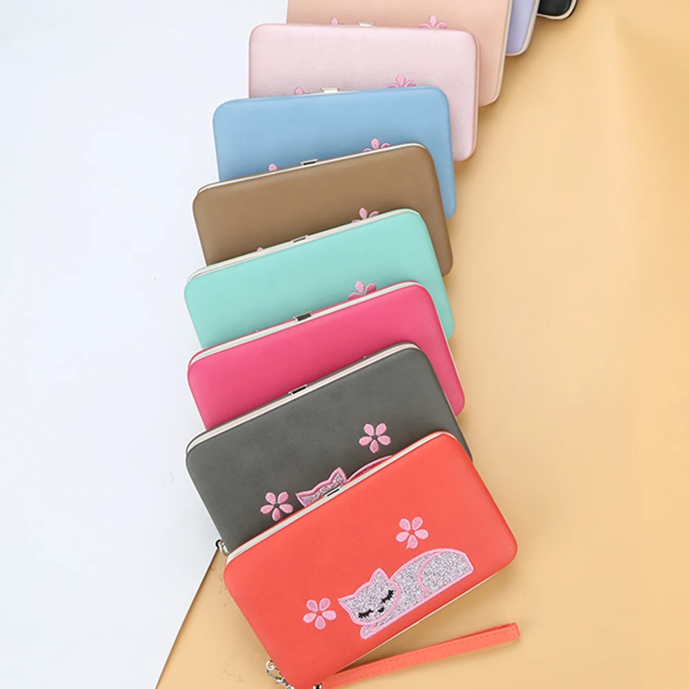 

Cat Embroidered Coin Purse Women Wallet Zipper Card Holder Large Pink PU Lightweight Practical Popular